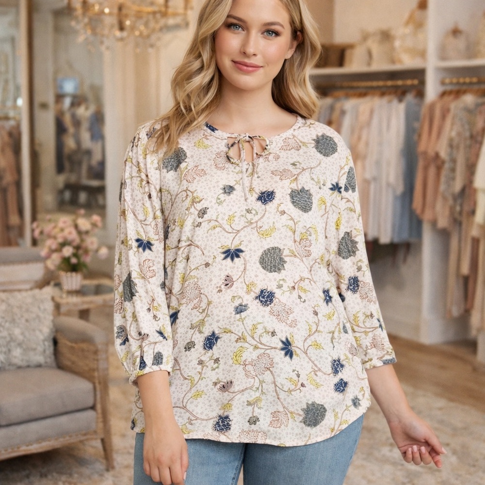 CASLON Floral Print Tie-Neck Tunic Blouse